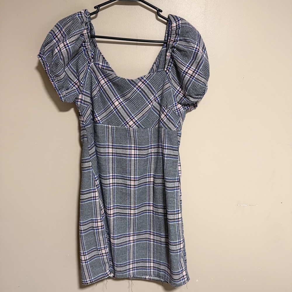 Altar'd State Mini Dress Womens Large Blue Plaid Puff Sleeve Square Neck Aldrin
